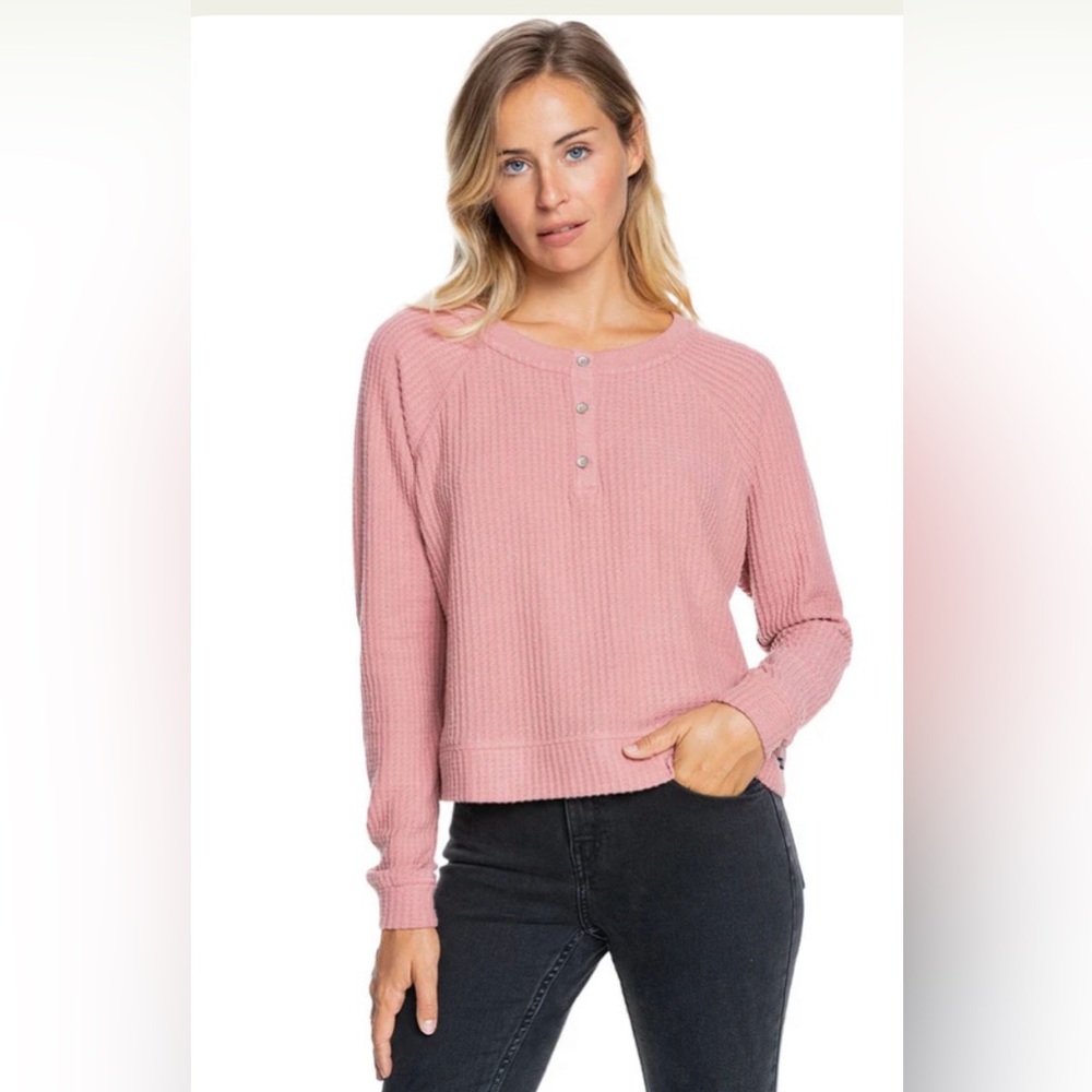 Roxy Take It Home Waffle Knit Henley Top in Ash Rose Size XS